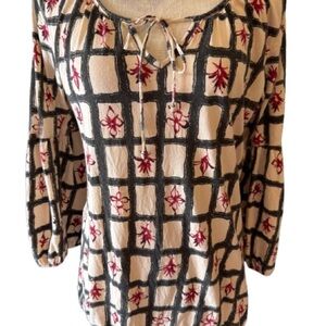 Lucky Brand Black and Cream Grid Cotton Blouse With Red Floral Accents- Large
